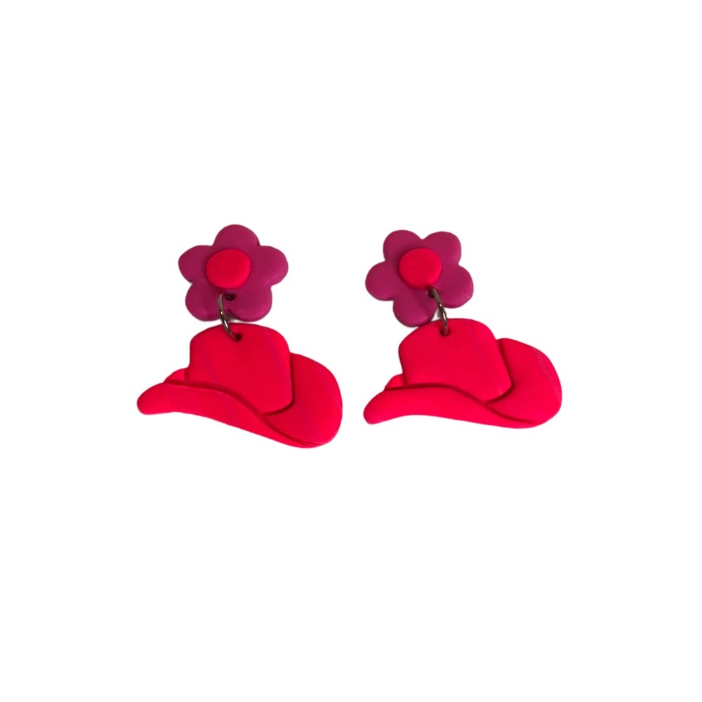 Hot pink cowgirl earrings with flower clay handmade